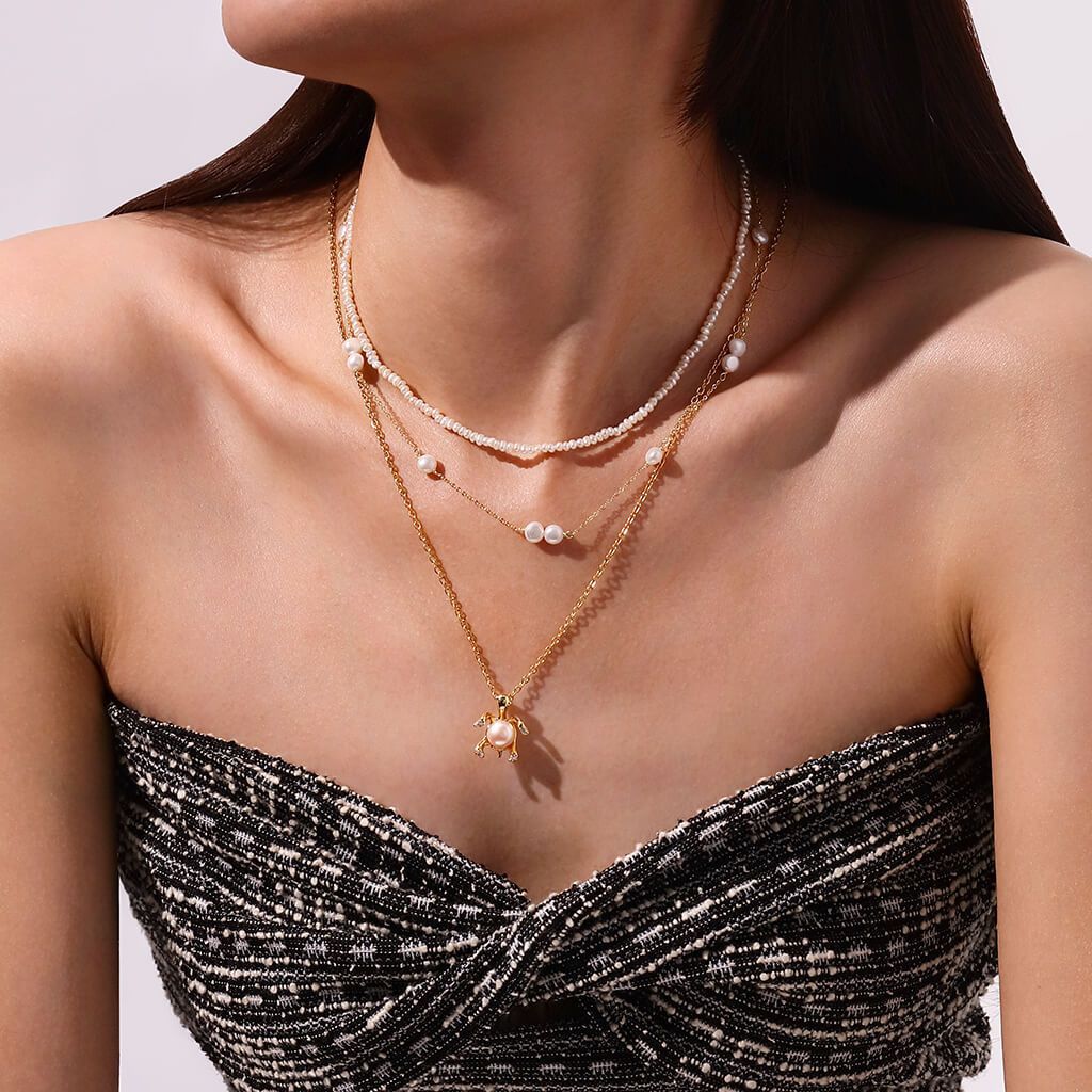 Ocean Turtle with Natural Colorful Pearl & Rhinestones Necklace