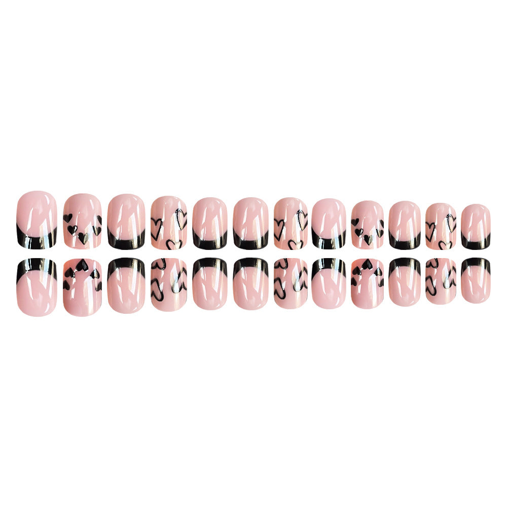 24pcs/Set Black Short French Heart Tips Press On Nails
