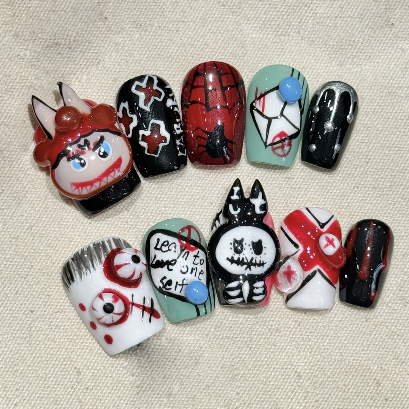 (Handmade) 10pcs/Set Cute Dark 3D Monster with Bow Press-On Nails