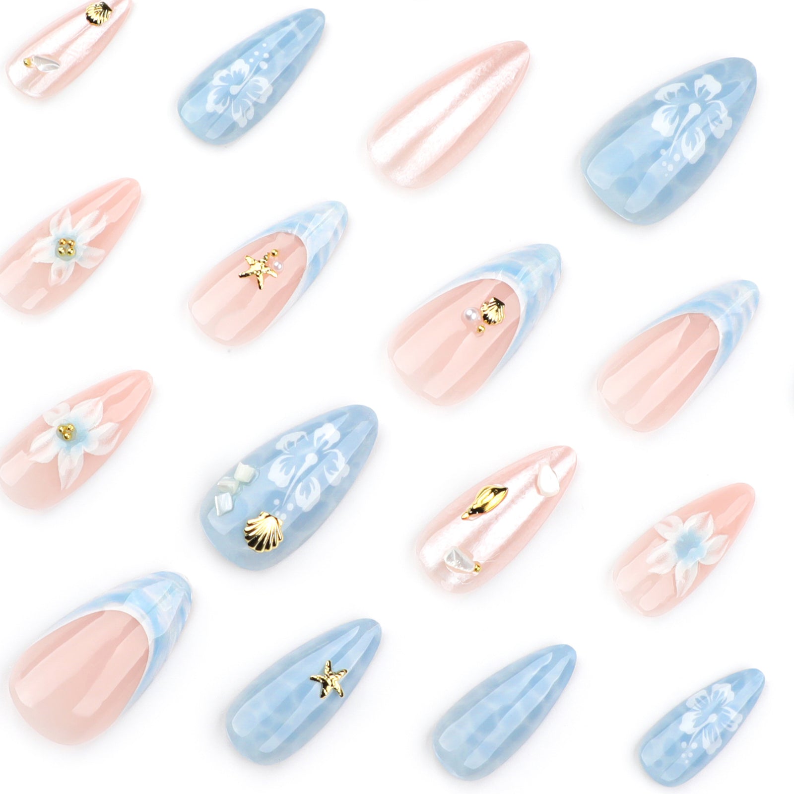 24pcs/Set Blue Beach Waves with 3D Floral Press-On Nails