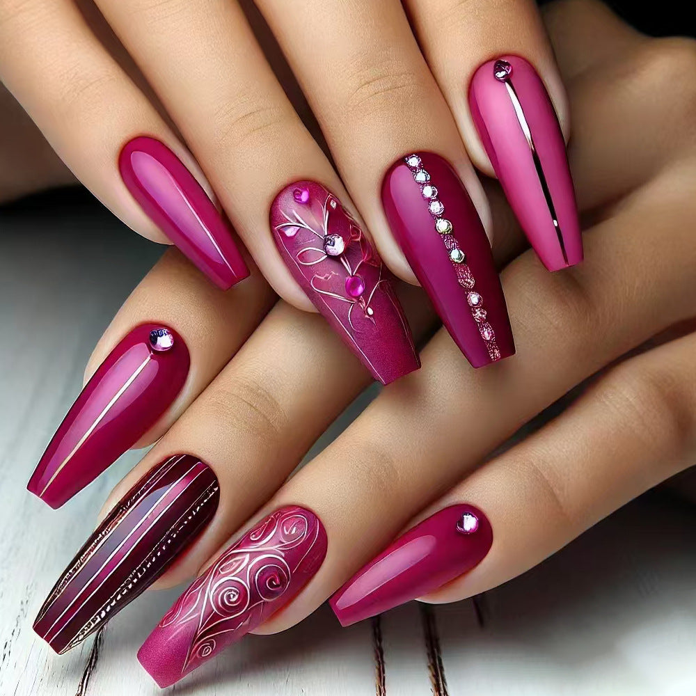 24pcs/Set Rose Red Floral with Rhinestones Press On Nails