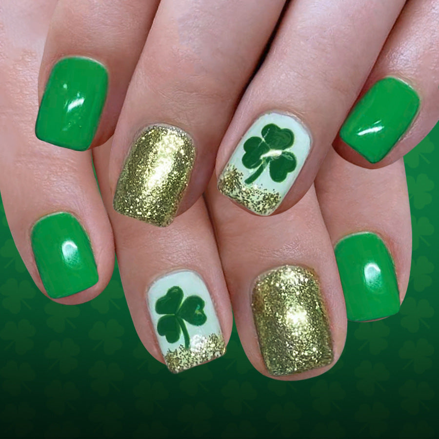 24pcs/Set Four-Leaf Clover with Gold Glitter Short Press On Nails