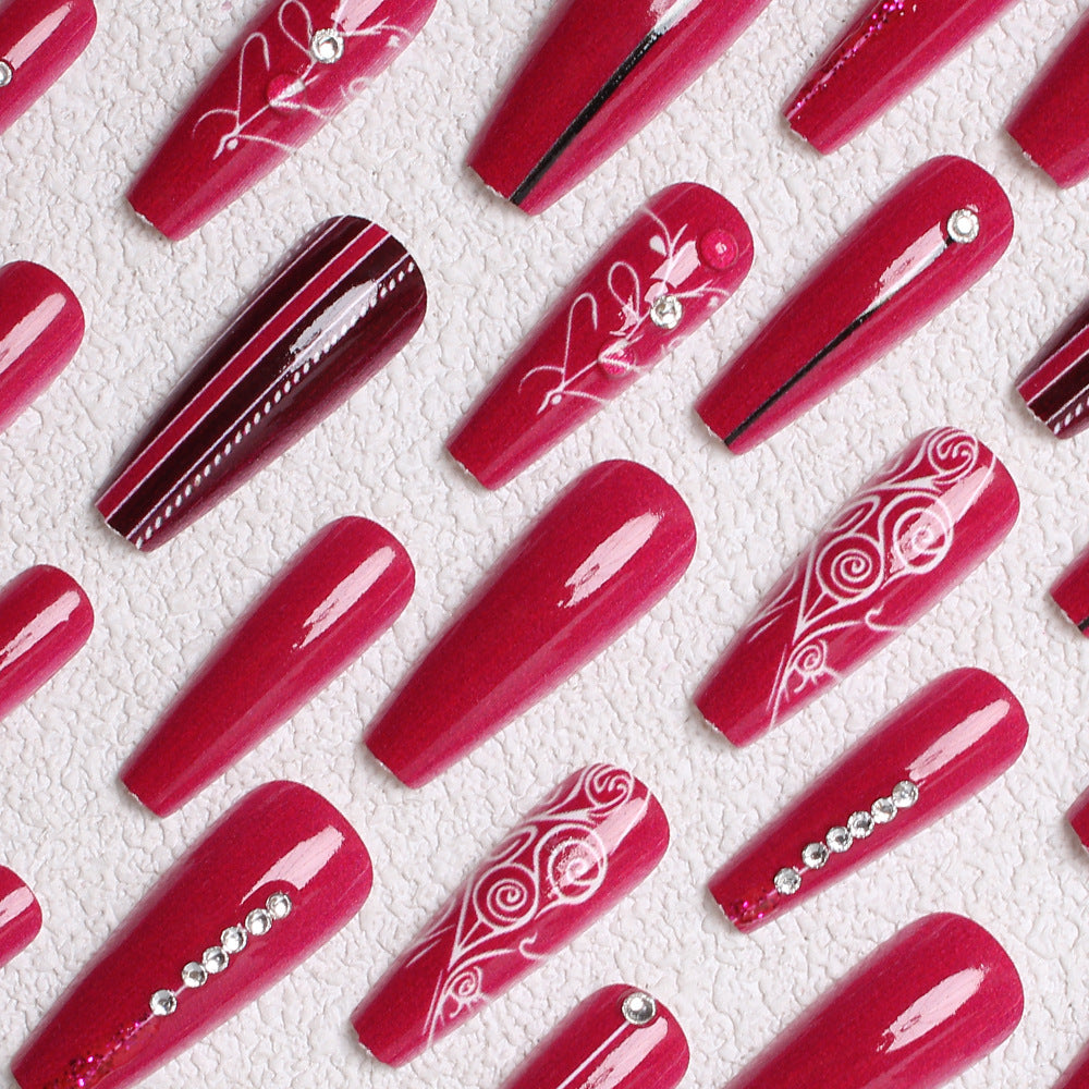 24pcs/Set Rose Red Floral with Rhinestones Press On Nails