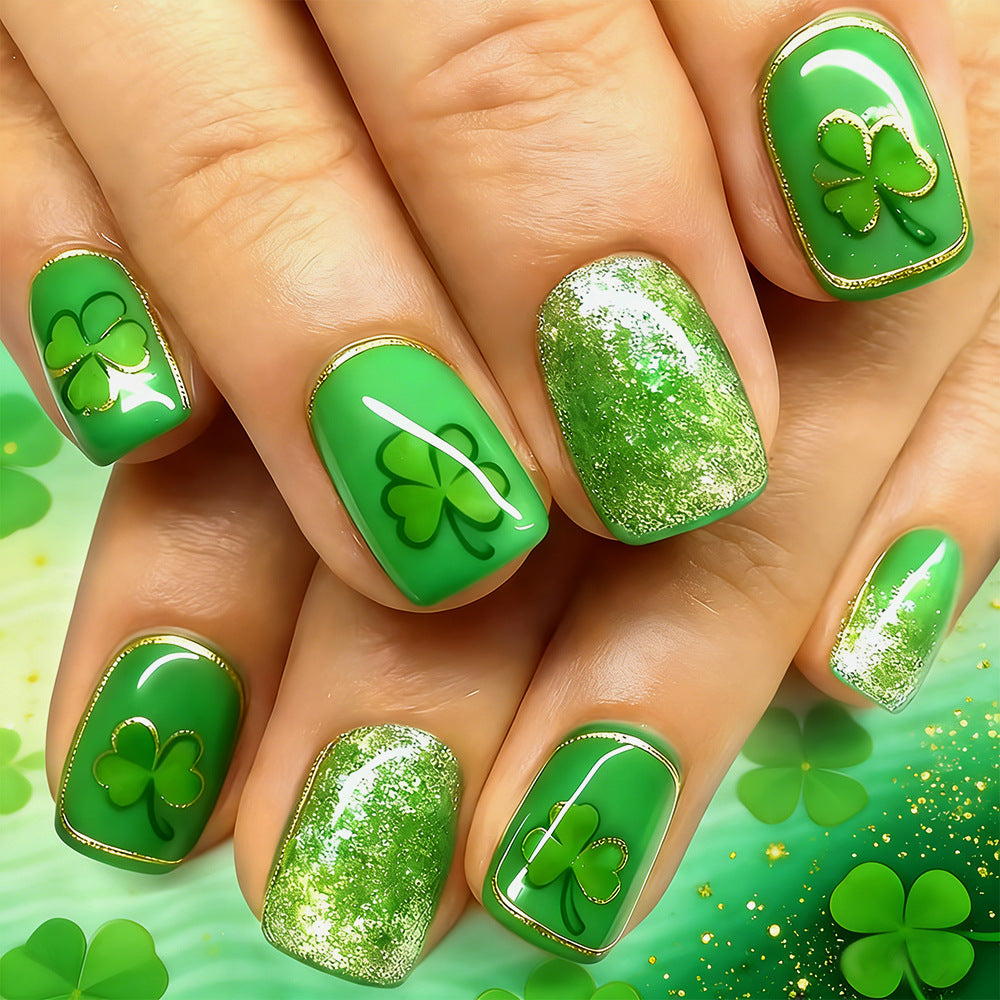 24pcs/Set Green Lucky Clover Short Press On Nails