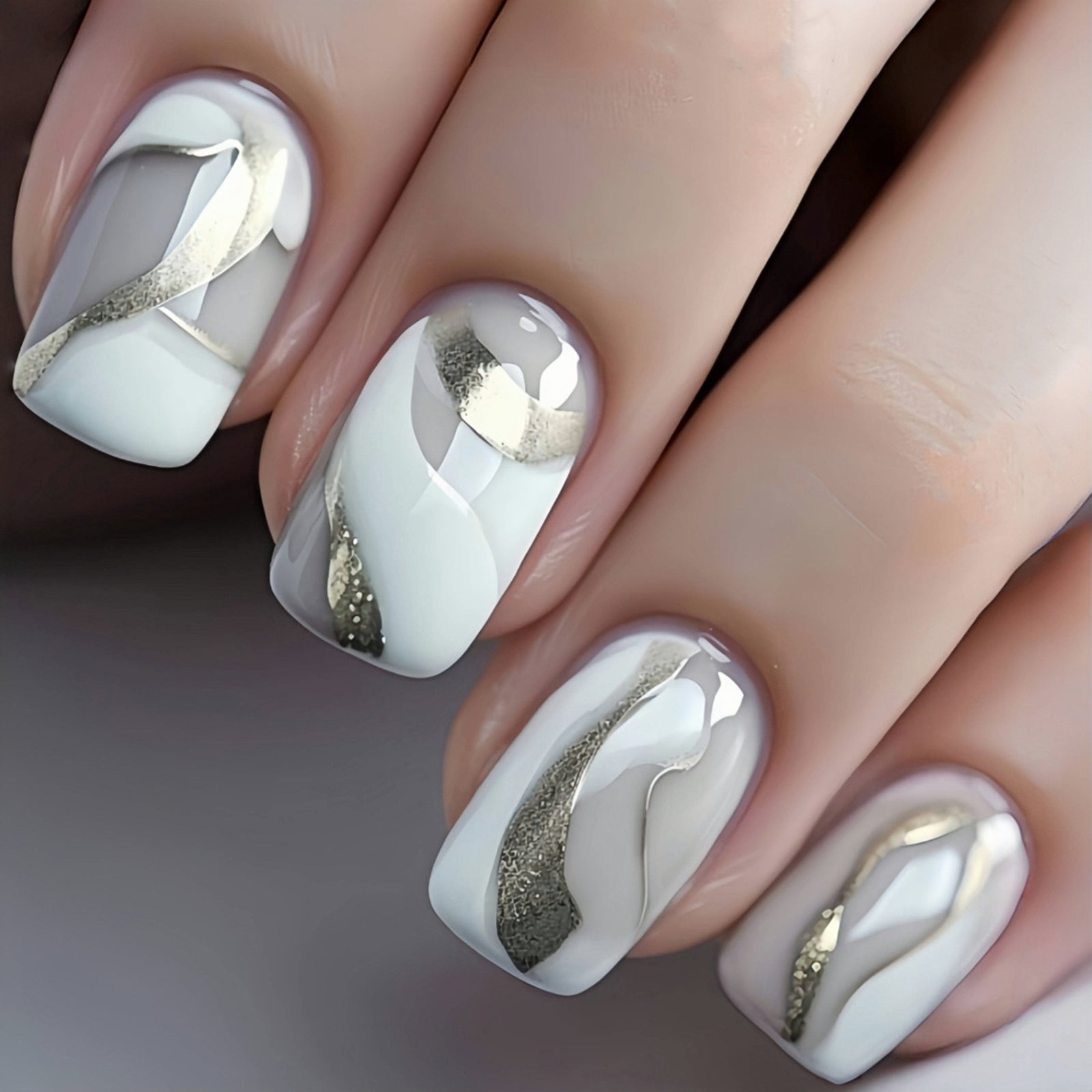 24pcs/Set White Marble Texture Press-On Nails