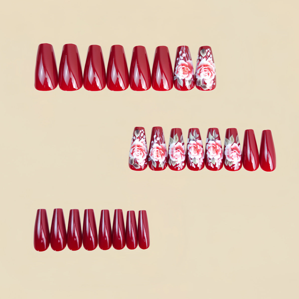 24pcs/Set Red Floral Design Press-On Nails