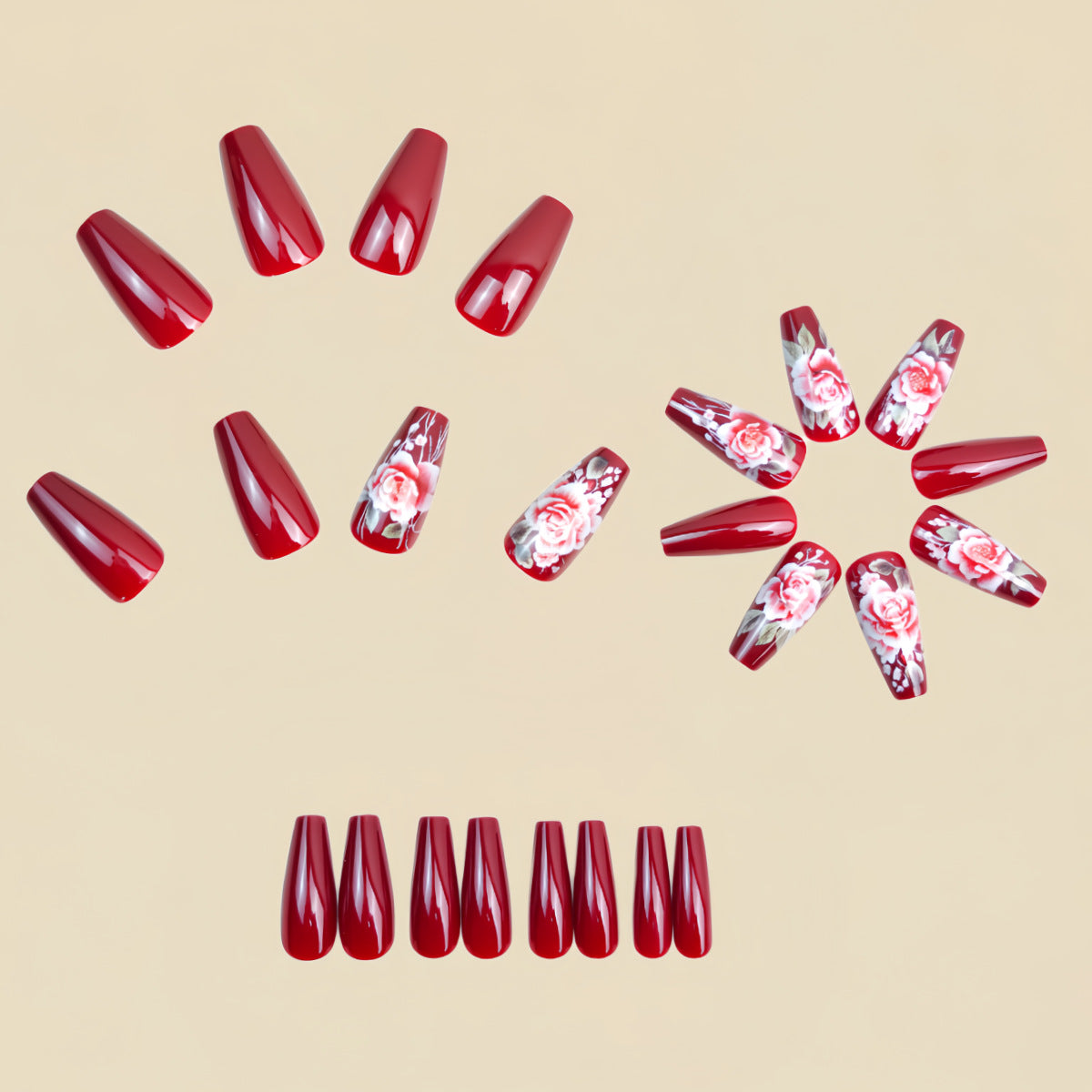 24pcs/Set Red Floral Design Press-On Nails