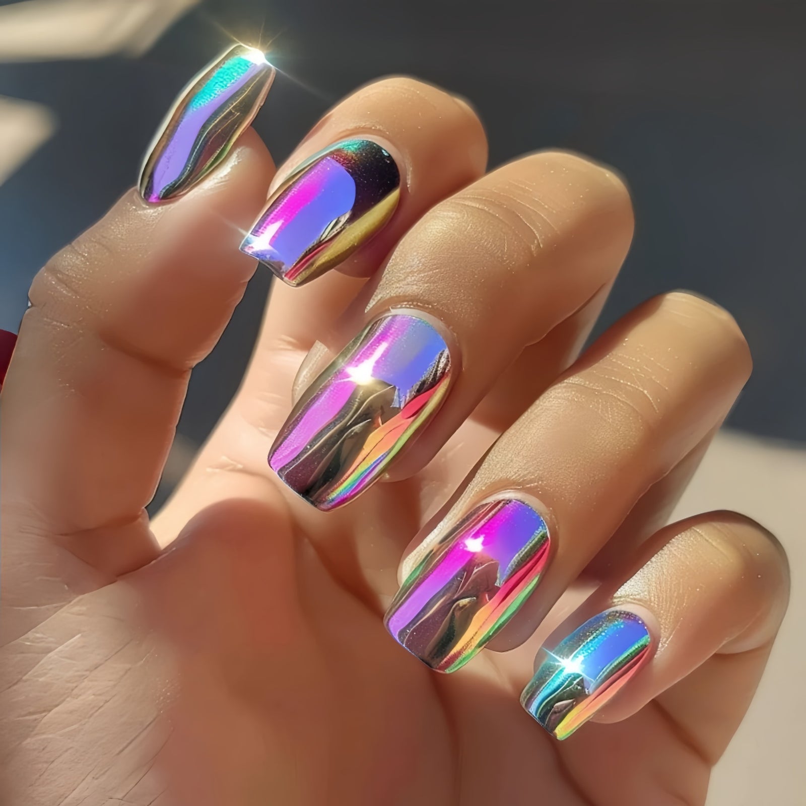 24pcs/Set Pink Aurora Chrome Press-On Nails