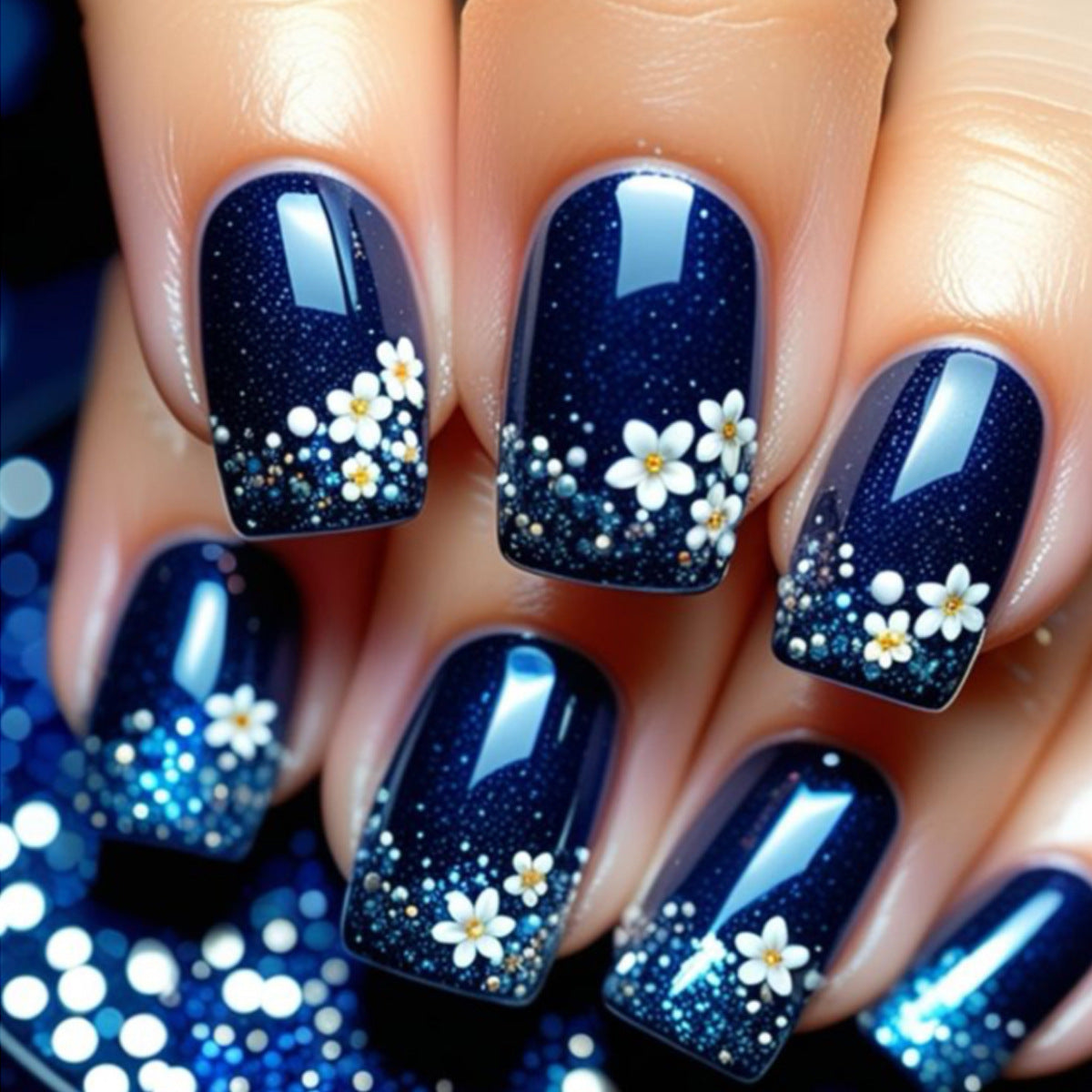 24pcs/Set Dark Blue Polka Dot Flower Press-On Nails