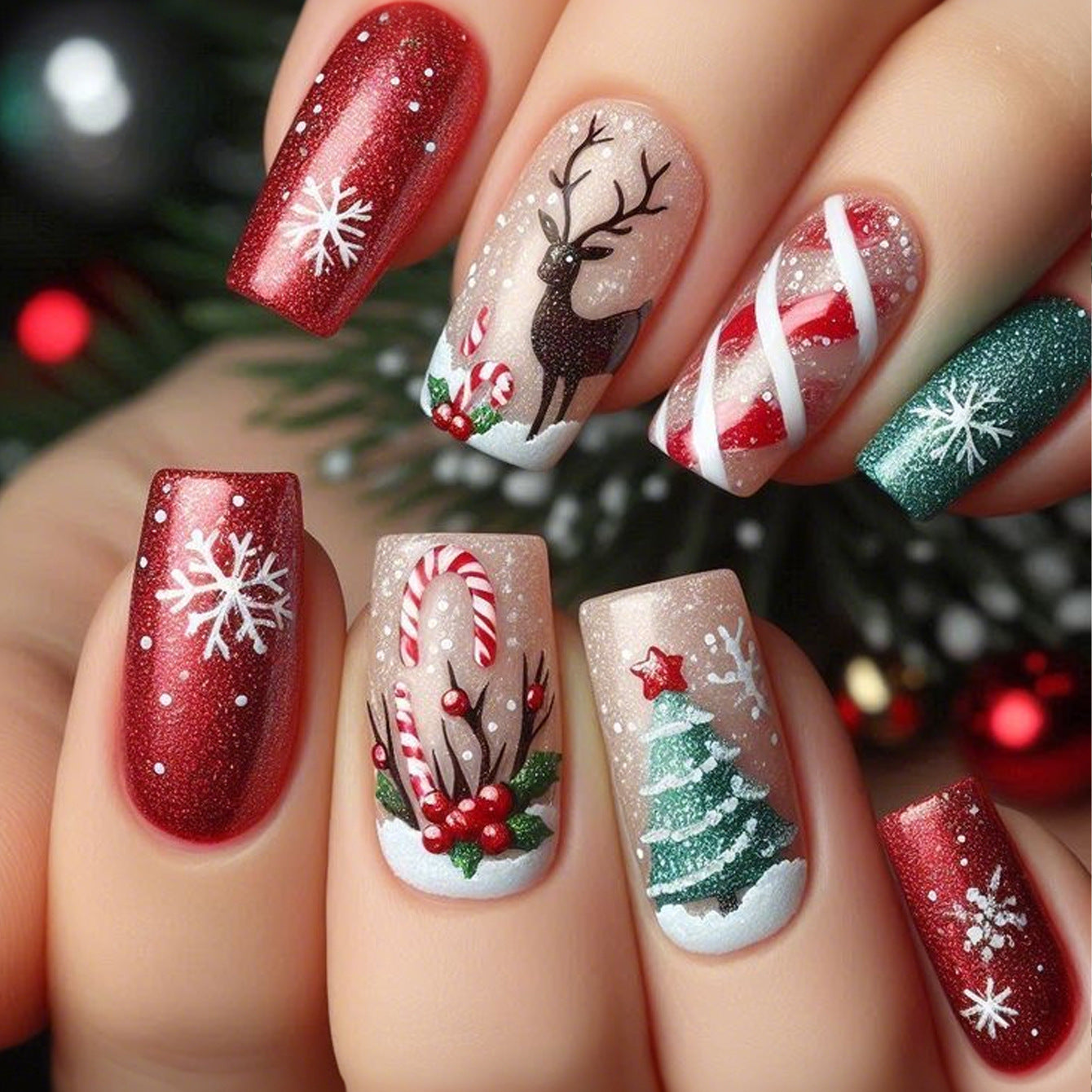 24pcs/Set Christmas Tree & Reindeer Red and White Color Block Press-On Nails