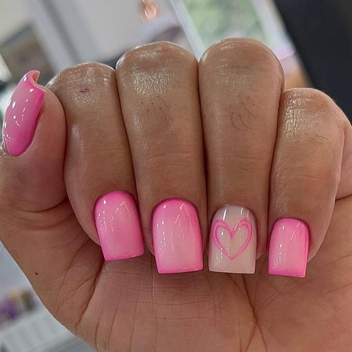 24pcs/Set Pink Line Heart Short Press On Nails