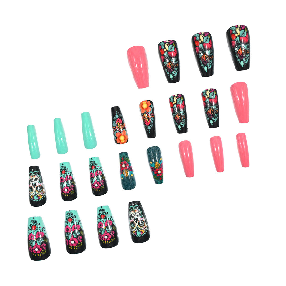 24pcs/Set Painted Skull with Multicolor Flowers Press-On Nails