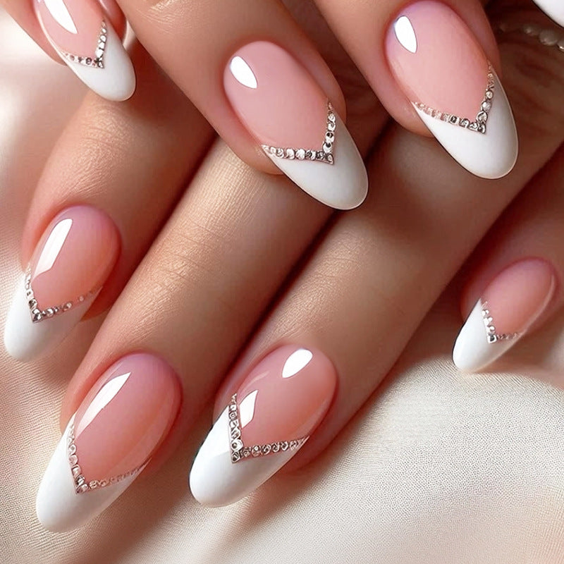 24pcs/Set French Tip with Crushed Rhinestones Press-On Nails