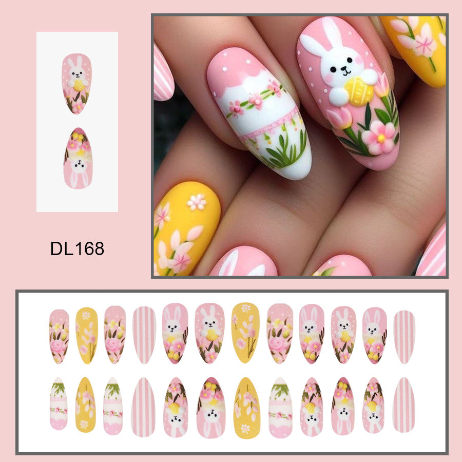 24pcs/Set Easter Forest Style Yellow-Pink Bunny Press-On Nails