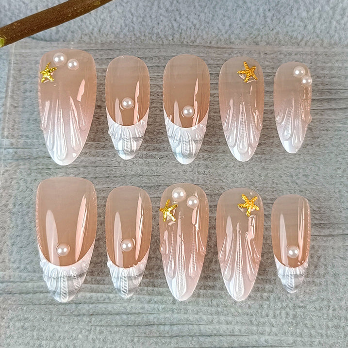 (Handmade) 10pcs/Set 3D French Seashell Press-On Nails