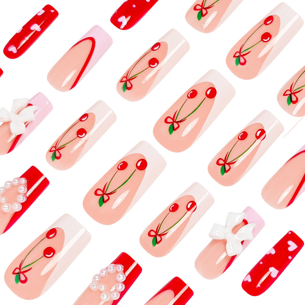 24pcs/Set Pink French Tips with Red Cherries Press-On Nails