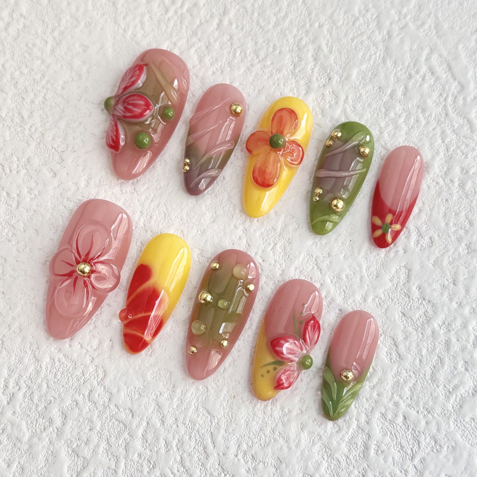 (Handmade) 10pcs/Set 3D Floral Press-On Nails