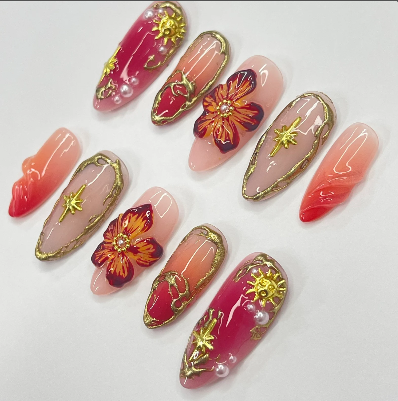 (Handmade) 10pcs/Set 3D Flower French Press-On Nails