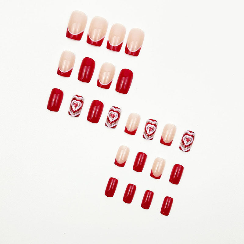 24pcs/Set Red French Heart Glitter Press-On Nails
