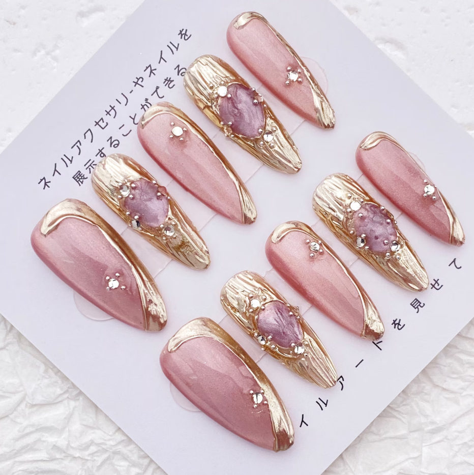 (Handmade) 10pcs/Set Pink Glitter Cat Eye Press-On Nails
