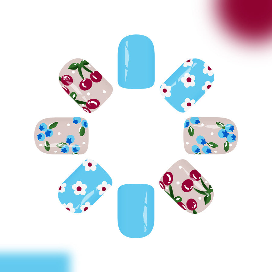 24pcs/Set Blue & White Floral Cherry Blueberry Press On Nails