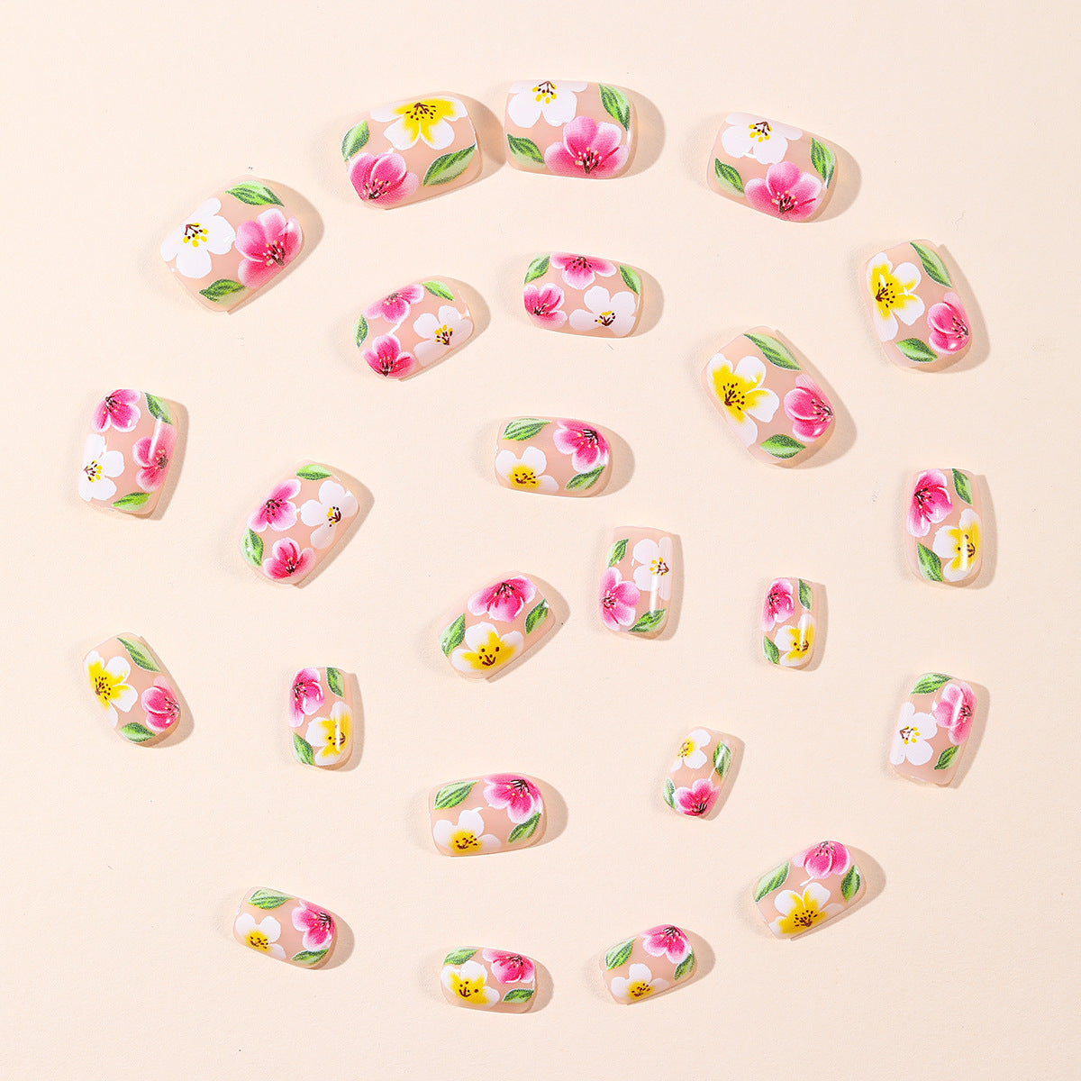 24pcs/Set Colorful Flowers with Green Botanical Leaves Short Press On Nails