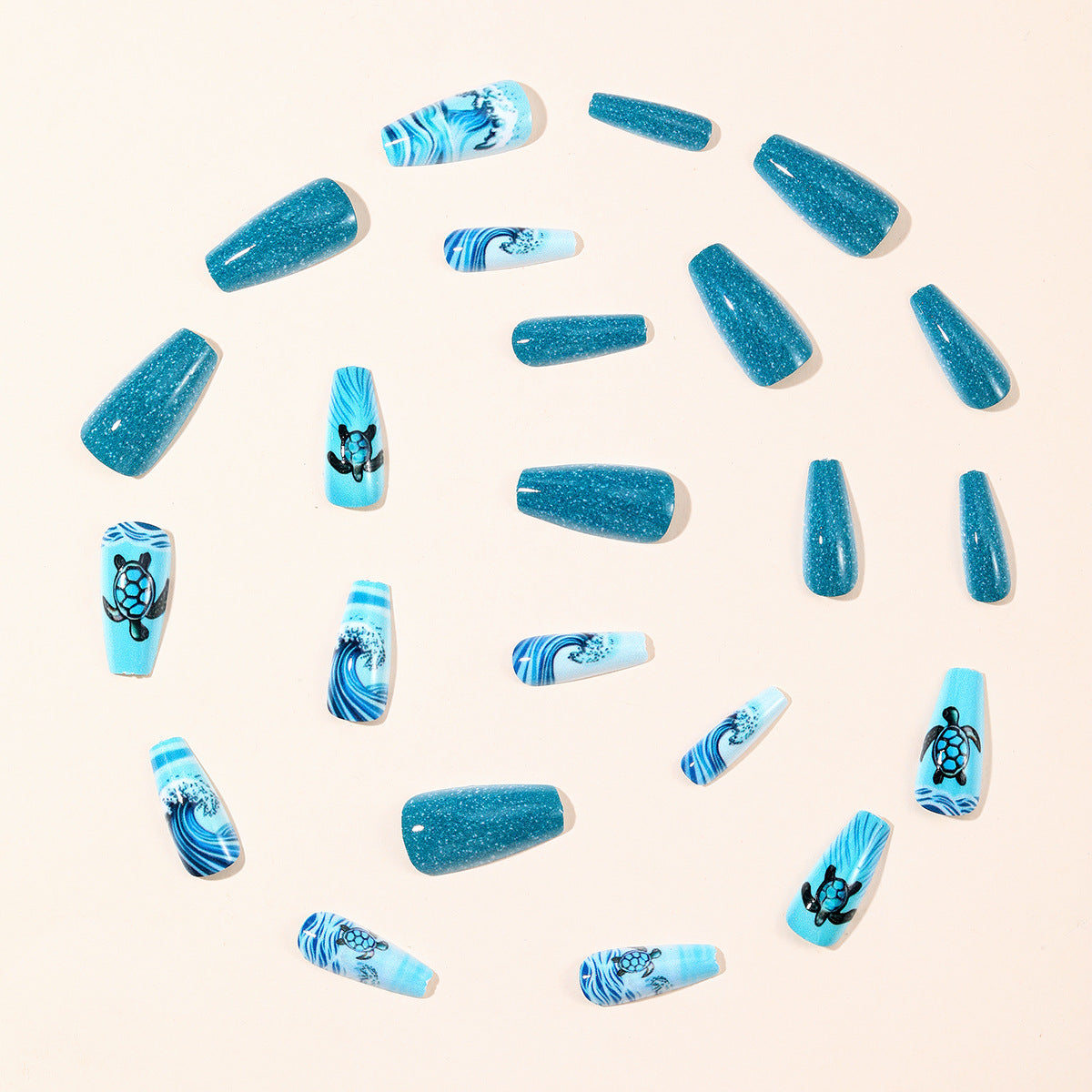 24pcs/Set Blue Ocean Waves & Sea Turtle Press-On Nails