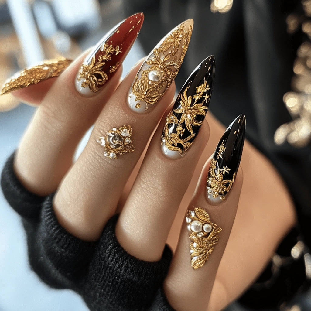 24pcs/Set Gilded Black and Red Floral Press-On Nails