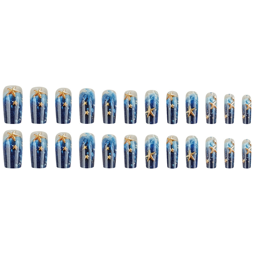 24pcs/Set Blue Ocean Embossed Starfish Press-On Nails