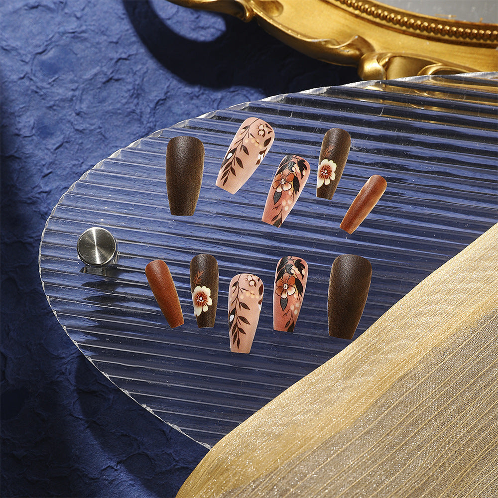 24pcs/Set Coffee-Colored Flowers Press-On Nails