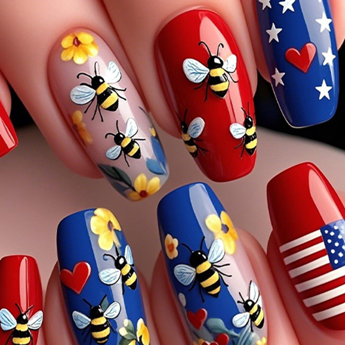 24pcs/Set Red & Blue Stars and Stripes Bee Pattern Press-On Nails