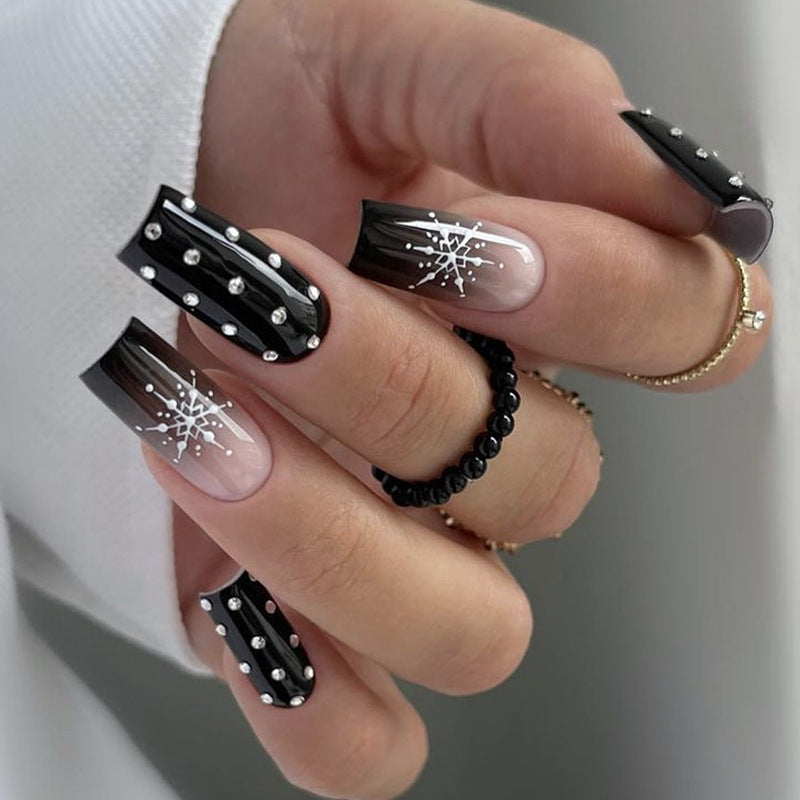 24pcs/Set Black Snowflake Ombre with Rhinestones Press-On Nails
