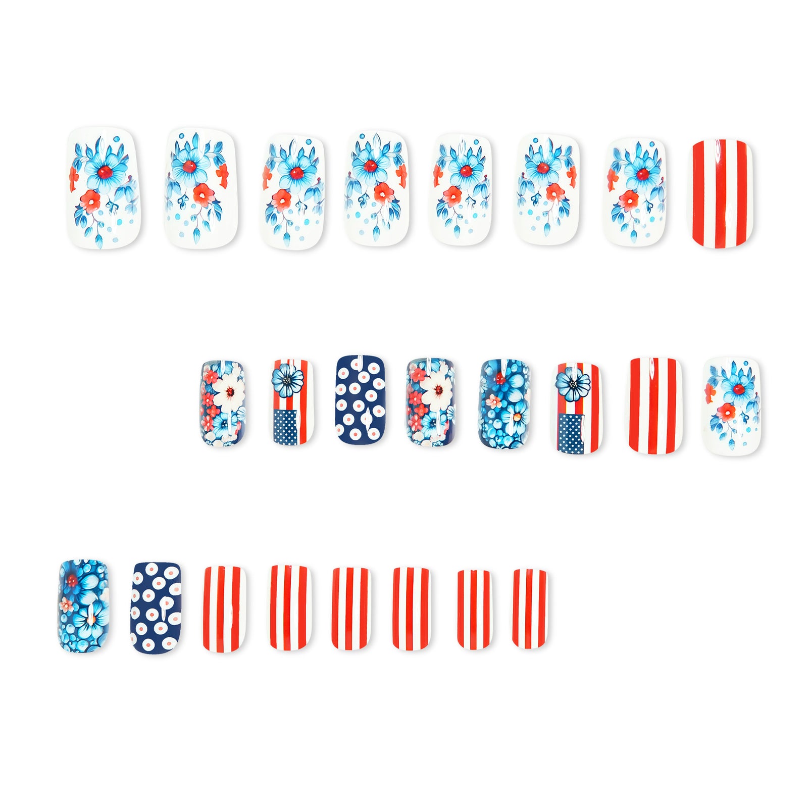 24pcs/Set Blue, Red, and White Floral Press-On Nails