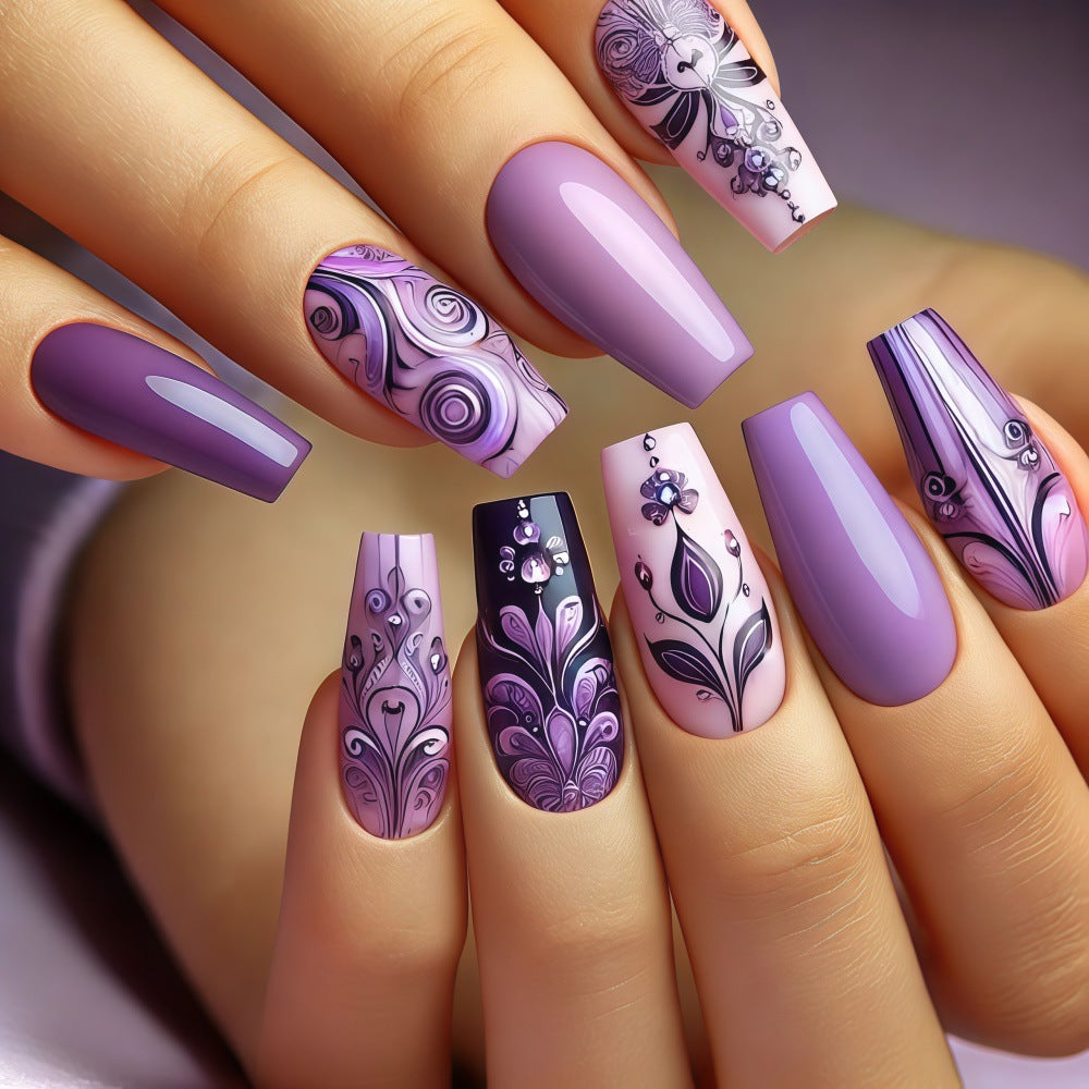 24pcs/Set Light Lavender Swirl Floral Press-On Nails