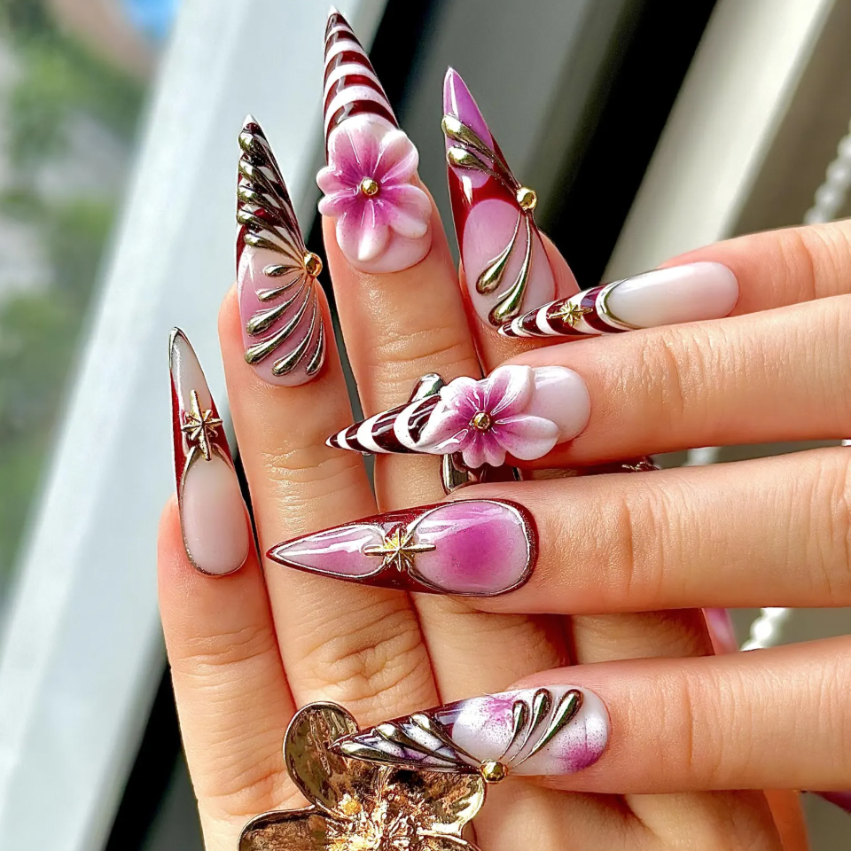 (Handmade) 10pcs/Set Elegant Violet Floral Press On Nails