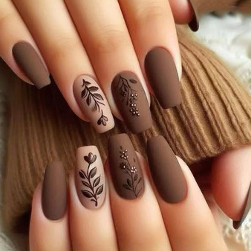 24pcs/Set Maillard Matte Texture Floral and Leaf Press-On Nails