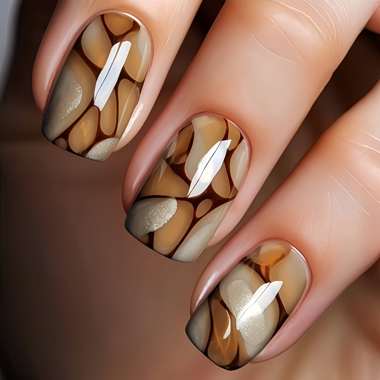 24pcs/Set Yellow Marble Pattern Short Press-On Nails