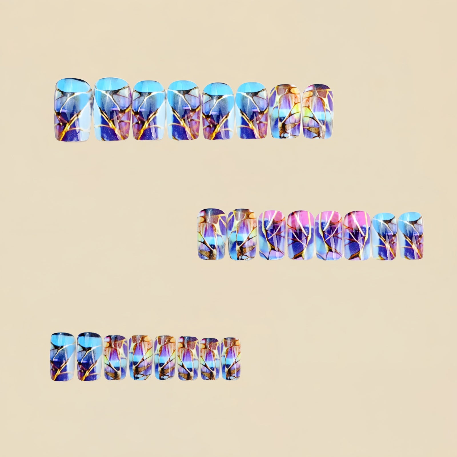 24pcs/Set Blue Gradient with Gold Stripes Short Press-On Nails