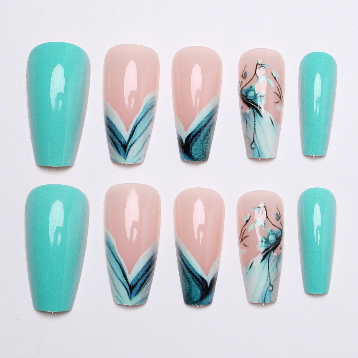 24pcs/Set Blue Ombre French Floral Press-On Nails