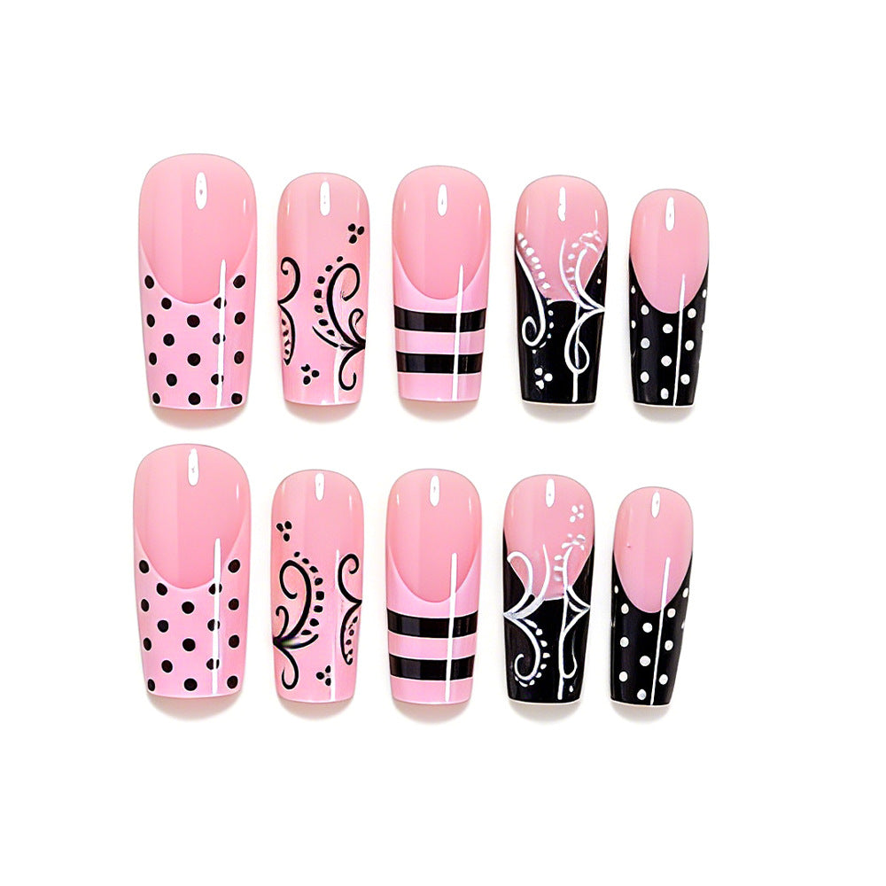 24pcs/Set Pink & Black French Polka Dots Press-On Nails
