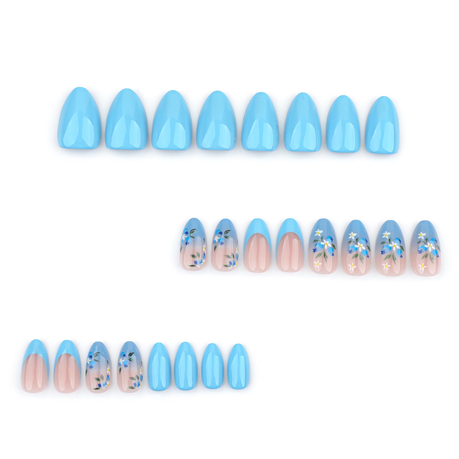 24pcs/Set French Blue Gradient Floral Press-On Nails