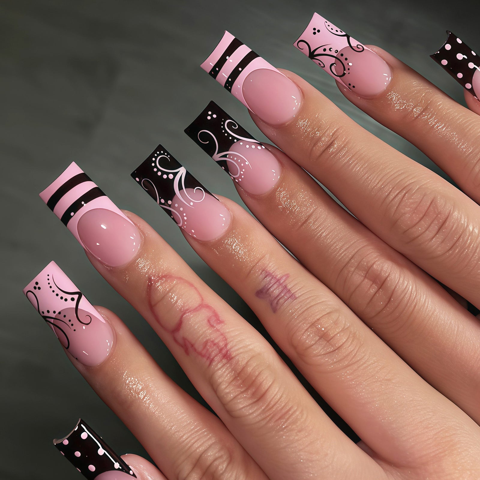 24pcs/Set Pink & Black French Polka Dots Press-On Nails