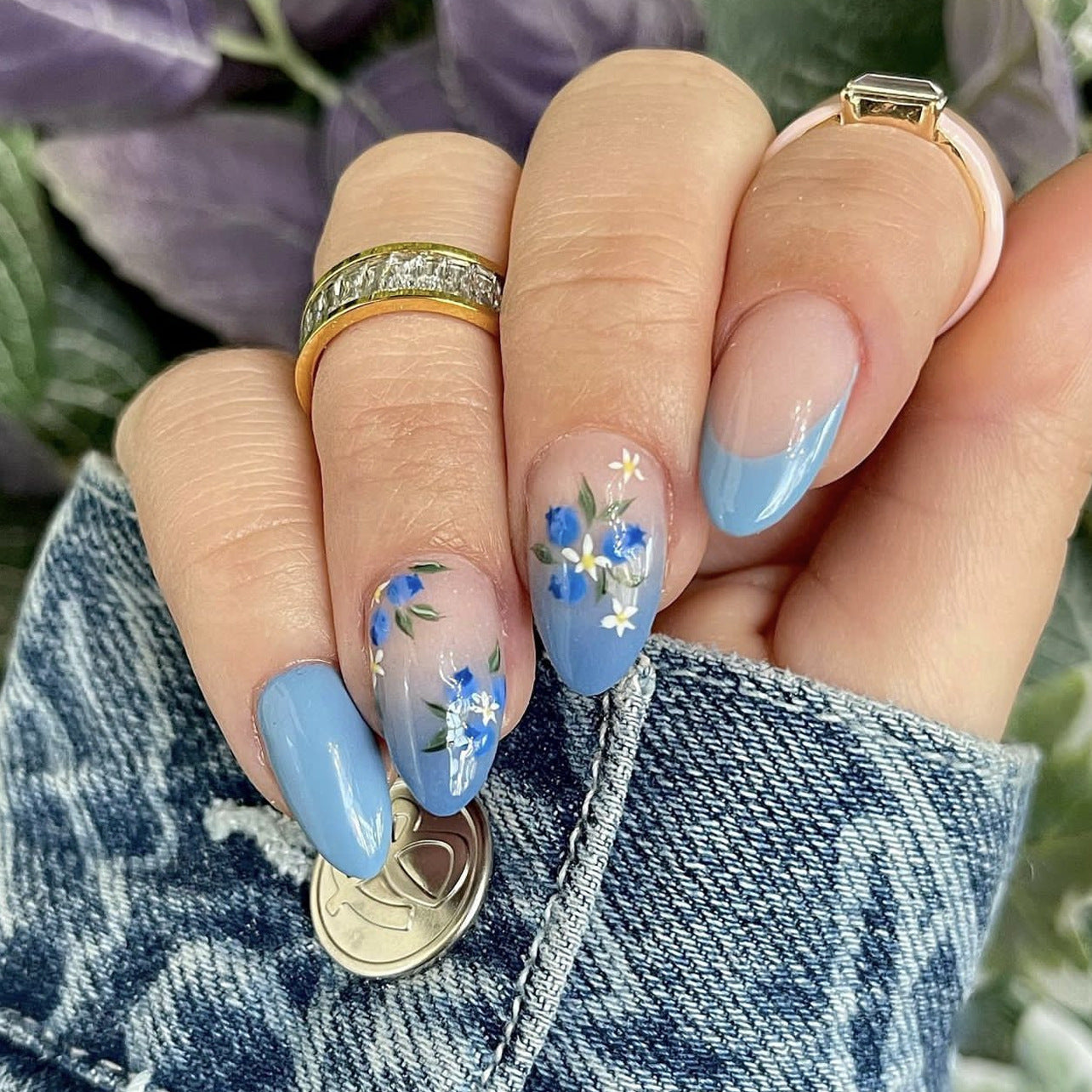 24pcs/Set French Blue Gradient Floral Press-On Nails