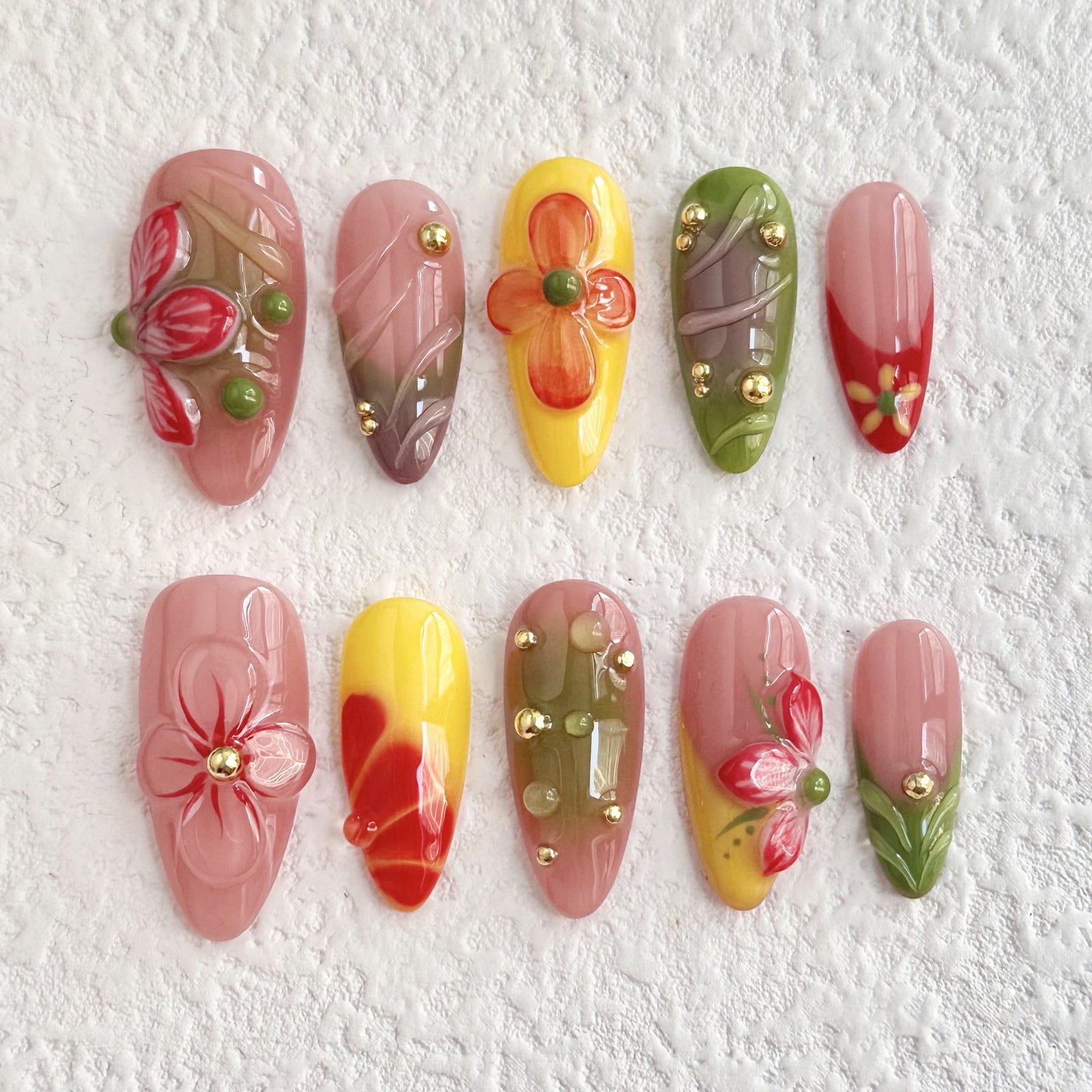 (Handmade) 10pcs/Set 3D Floral Press-On Nails