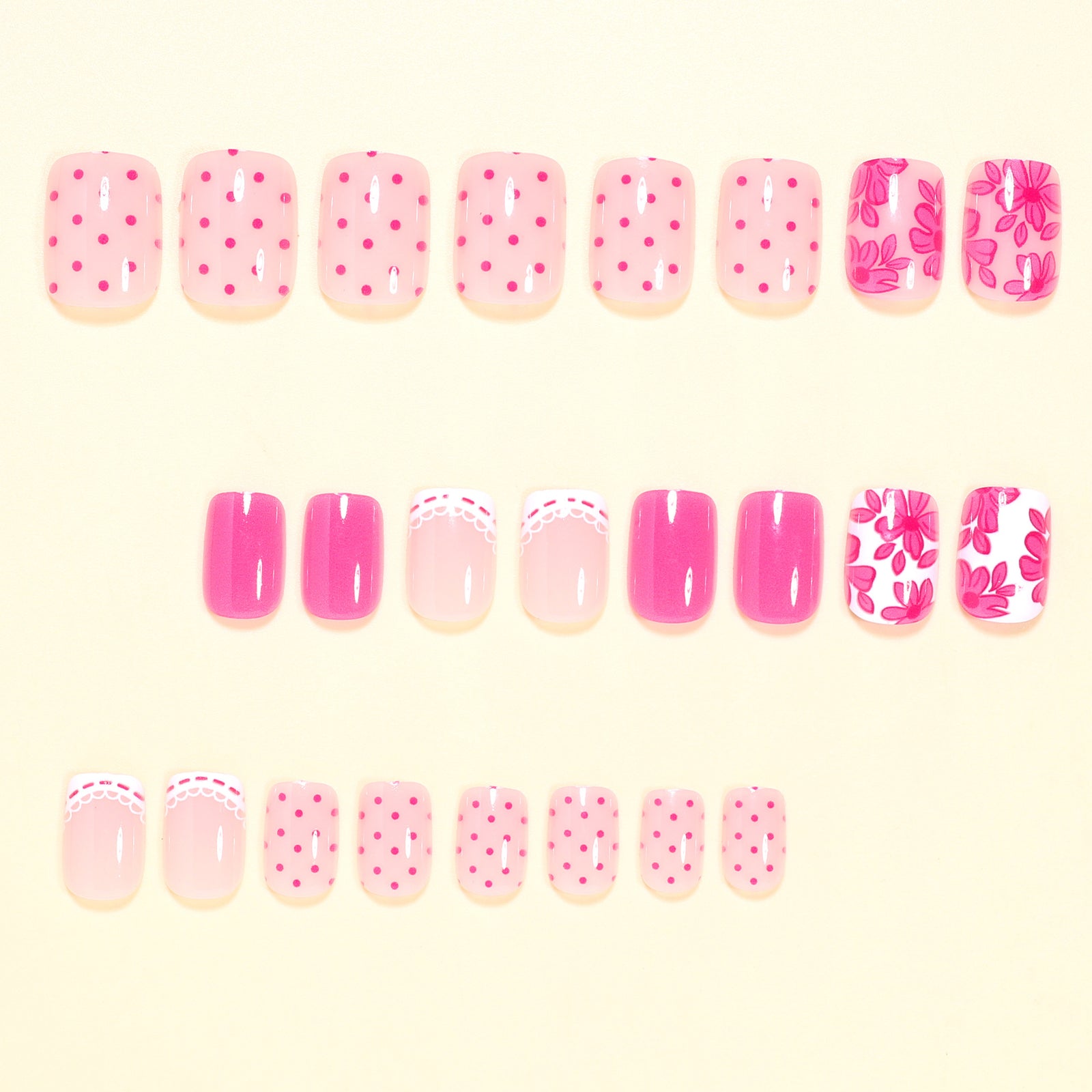24pcs/Set Pink Polka Dots with White French Floral Press-On Nails