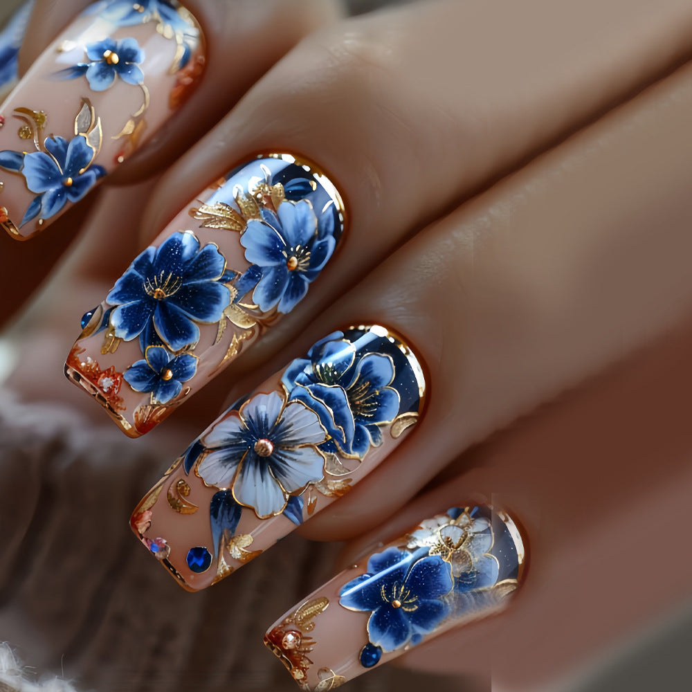 24pcs/Set Gold-Edged Flower Press-On Nails