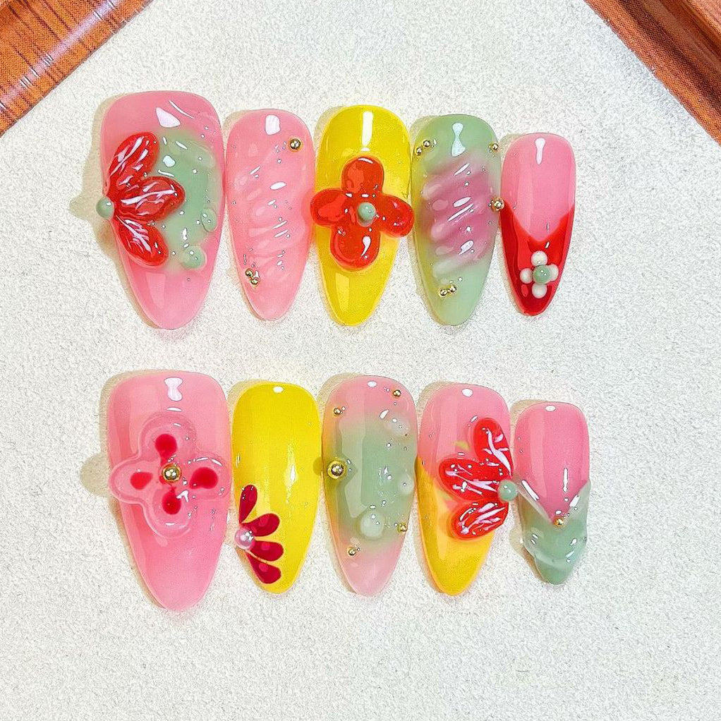 (Handmade) 10pcs/Set 3D Floral Embossed Carving Press-On Nails