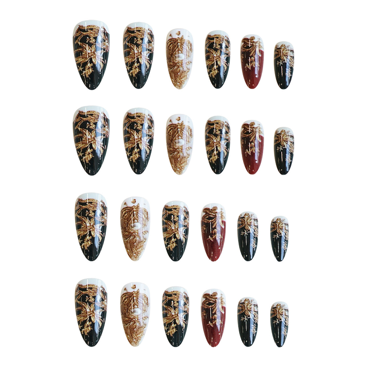 24pcs/Set Gilded Black and Red Floral Press-On Nails