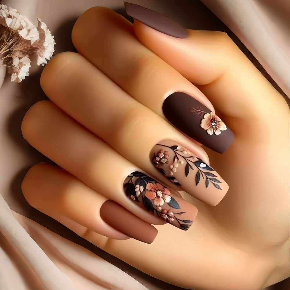24pcs/Set Coffee-Colored Flowers Press-On Nails