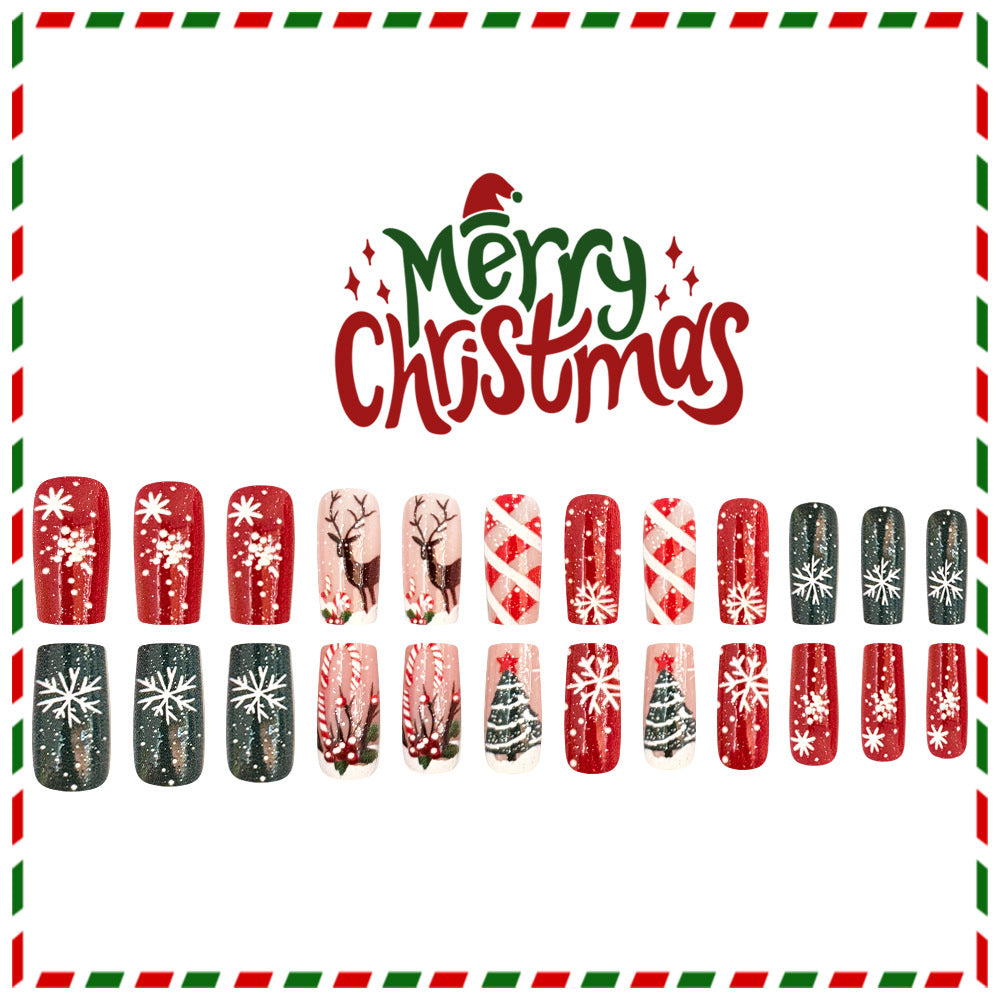 24pcs/Set Christmas Tree & Reindeer Red and White Color Block Press-On Nails